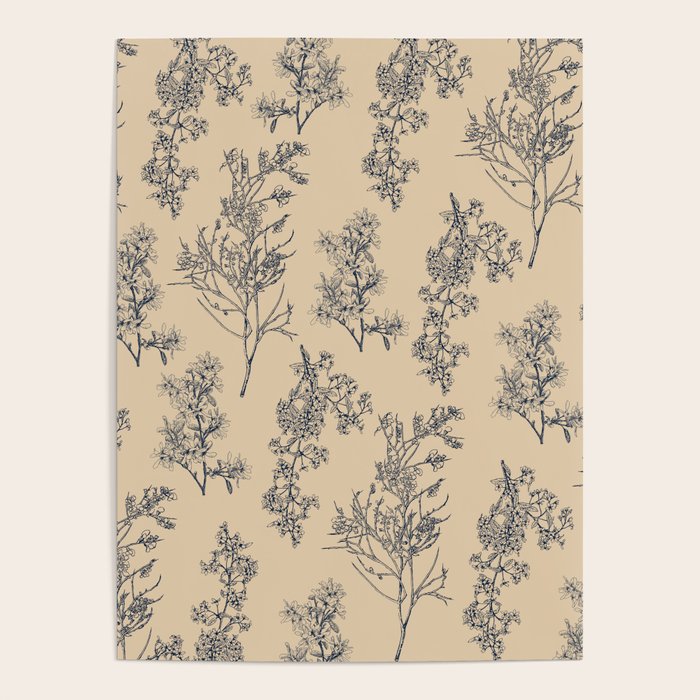 Botanical Cottage Floral Pattern in Beige and Navy Blue Poster Gallery Image 4