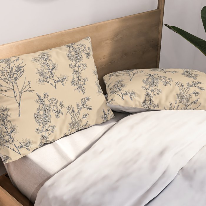 Botanical Cottage Floral Pattern in Beige and Navy Blue Pillow Sham Gallery Image 2