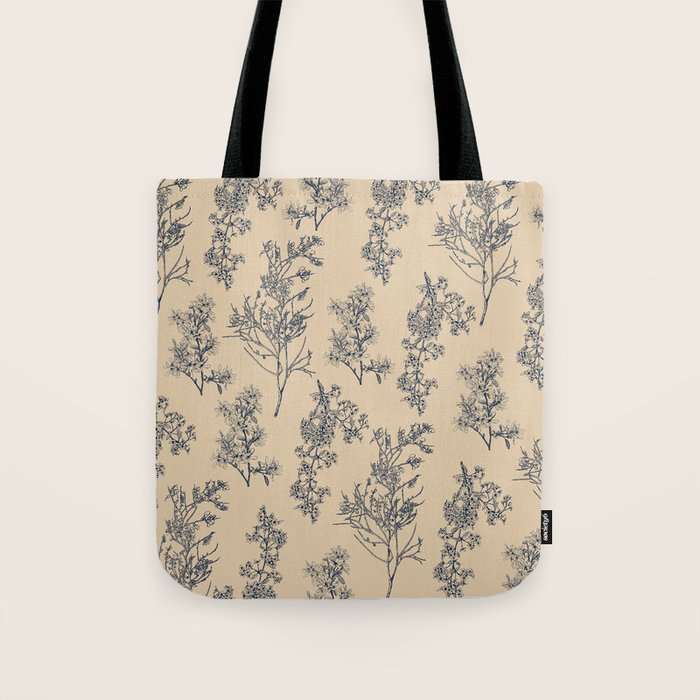 Botanical Cottage Floral Pattern in Beige and Navy Blue Tote Bag Gallery Image 1