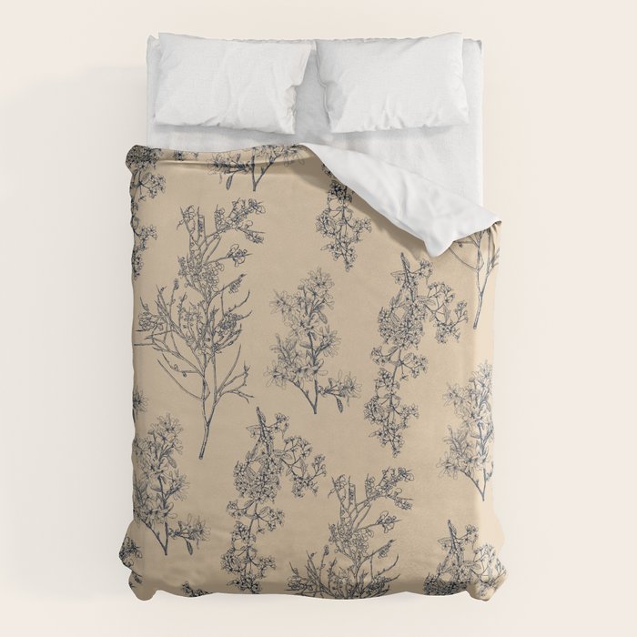 Botanical Cottage Floral Pattern in Beige and Navy Blue Duvet Cover Gallery Image 1