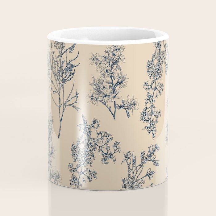 Botanical Cottage Floral Pattern in Beige and Navy Blue Coffee Mug Gallery Image 4