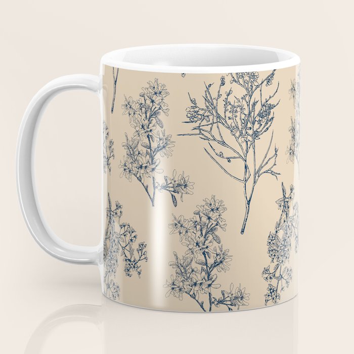 Botanical Cottage Floral Pattern in Beige and Navy Blue Coffee Mug Gallery Image 3