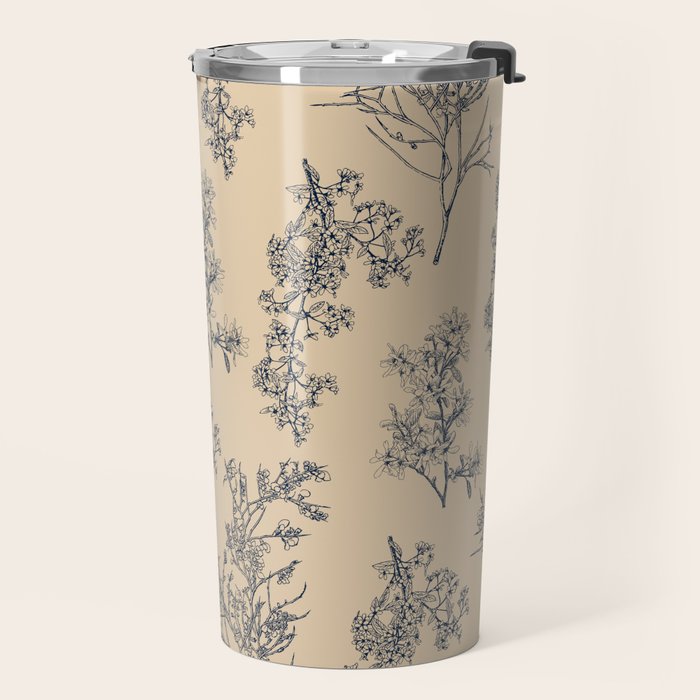 Botanical Cottage Floral Pattern in Beige and Navy Blue Travel Mug Gallery Image 2