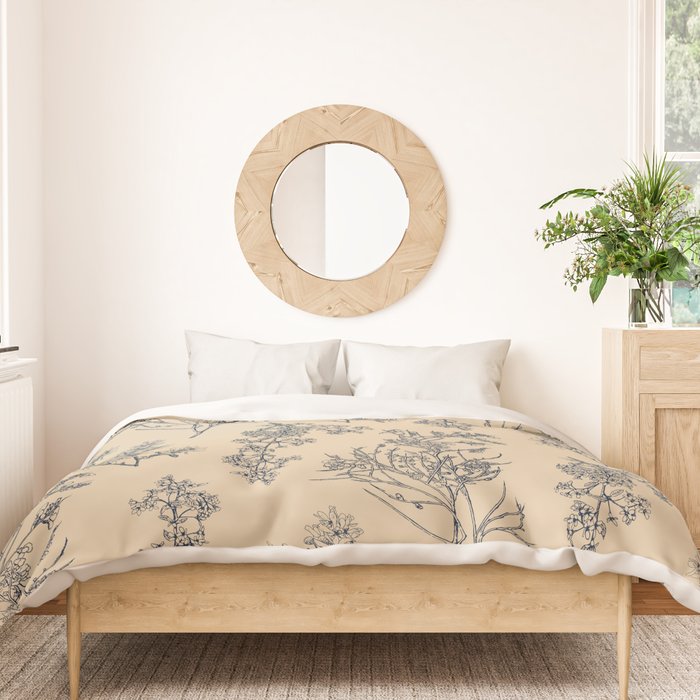 Botanical Cottage Floral Pattern in Beige and Navy Blue Duvet Cover Gallery Image 3