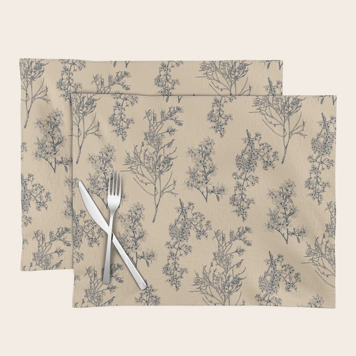 Botanical Cottage Floral Pattern in Beige and Navy Blue Placemat Gallery Image 1