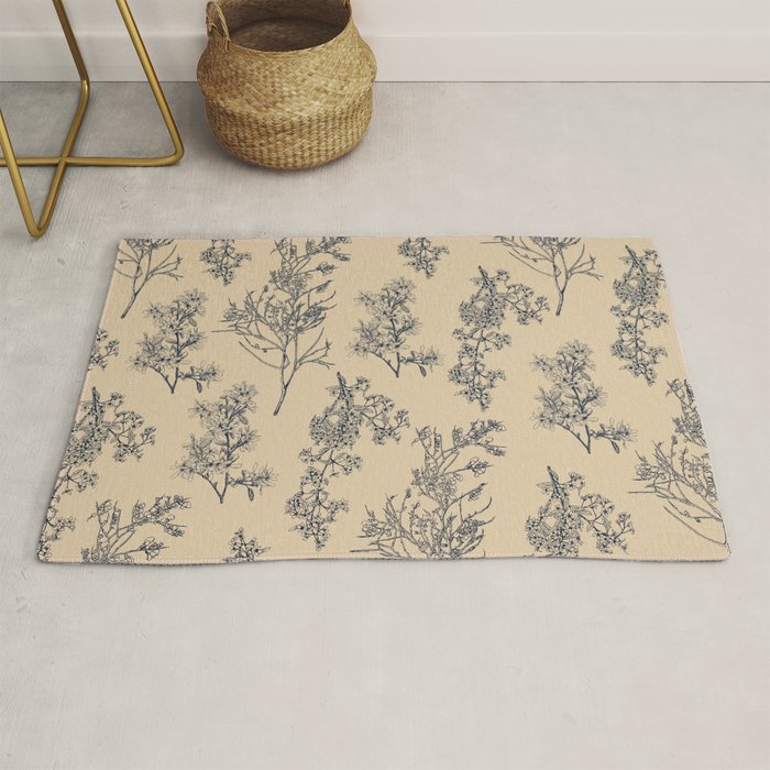Botanical Cottage Floral Pattern in Beige and Navy Blue Rug Gallery Image 1