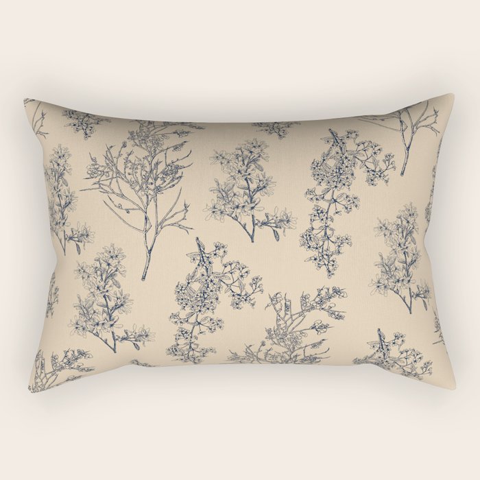 Botanical Cottage Floral Pattern in Beige and Navy Blue Rectangular Pillow Gallery Image 1