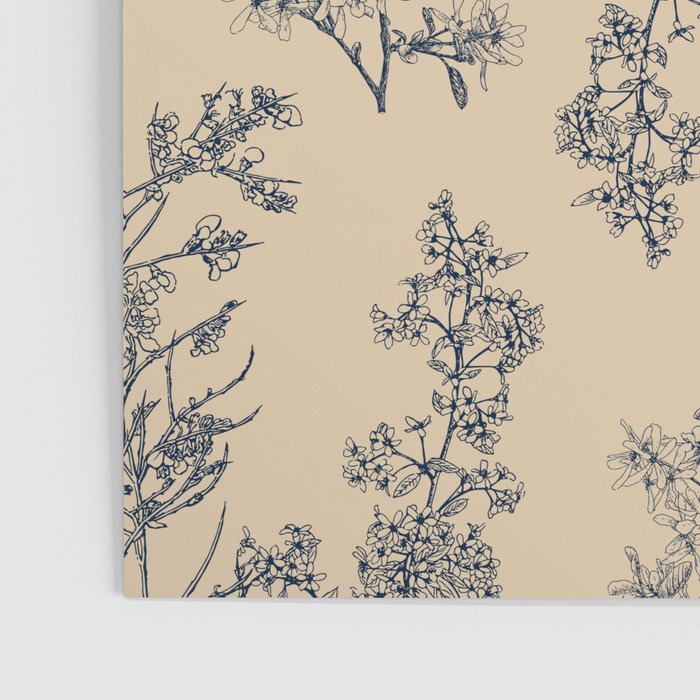 Botanical Cottage Floral Pattern in Beige and Navy Blue Poster Gallery Image 3