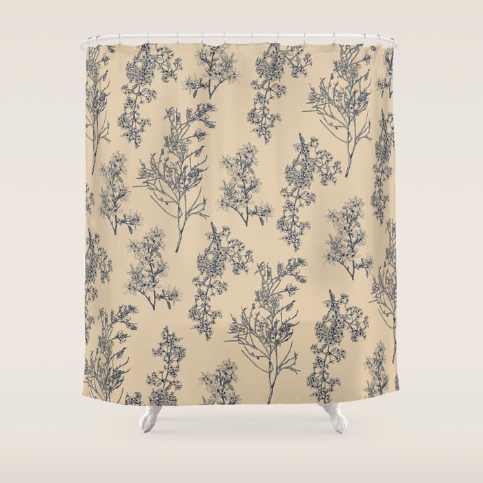 Botanical Cottage Floral Pattern in Beige and Navy Blue Shower Curtain Gallery Image 1
