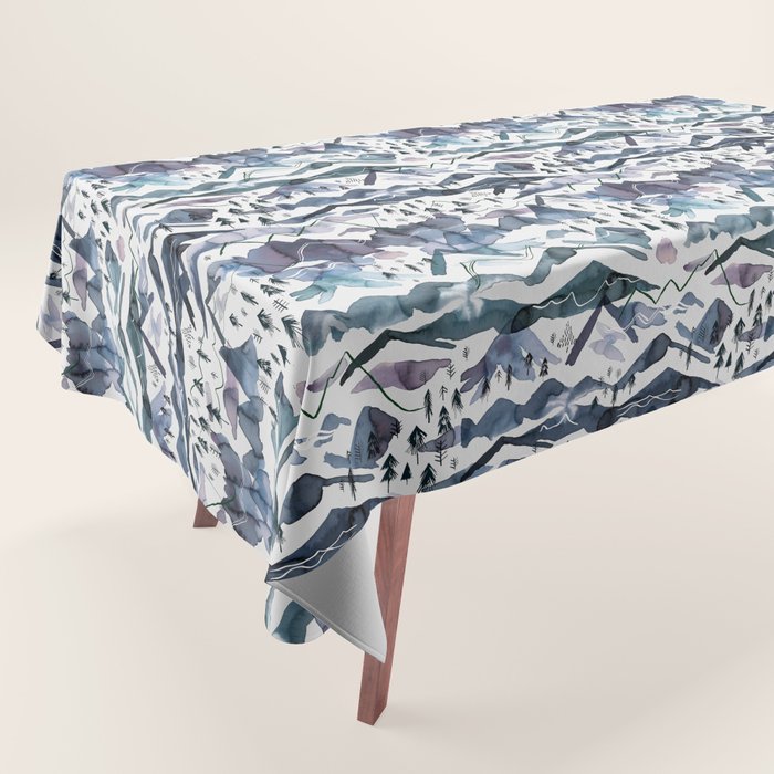 Mountains Watercolor Nature Trees Ski Snow Blue Indigo Tablecloth Gallery Image 1