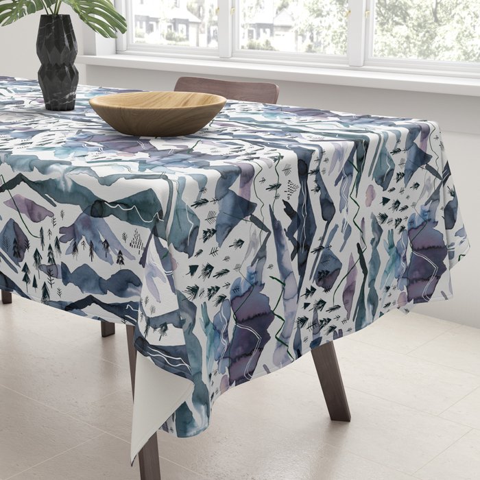 Mountains Watercolor Nature Trees Ski Snow Blue Indigo Tablecloth Gallery Image 3
