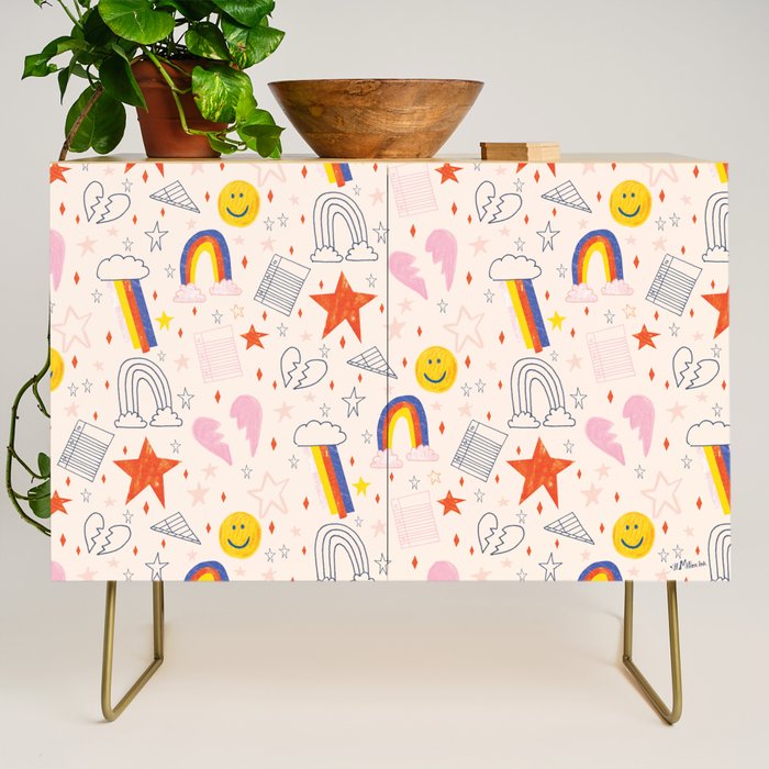 Happy Smiley Face & Retro Rainbows in Dusty Pink Credenza Gallery Image 1