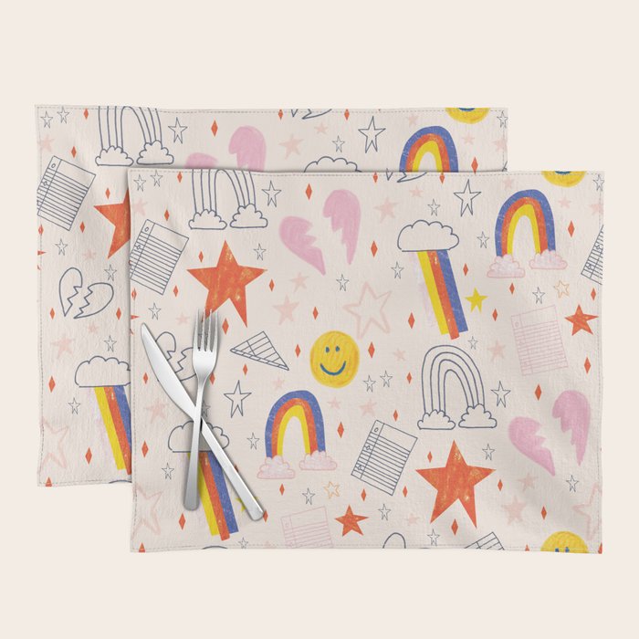 Happy Smiley Face & Retro Rainbows in Dusty Pink Placemat Gallery Image 1