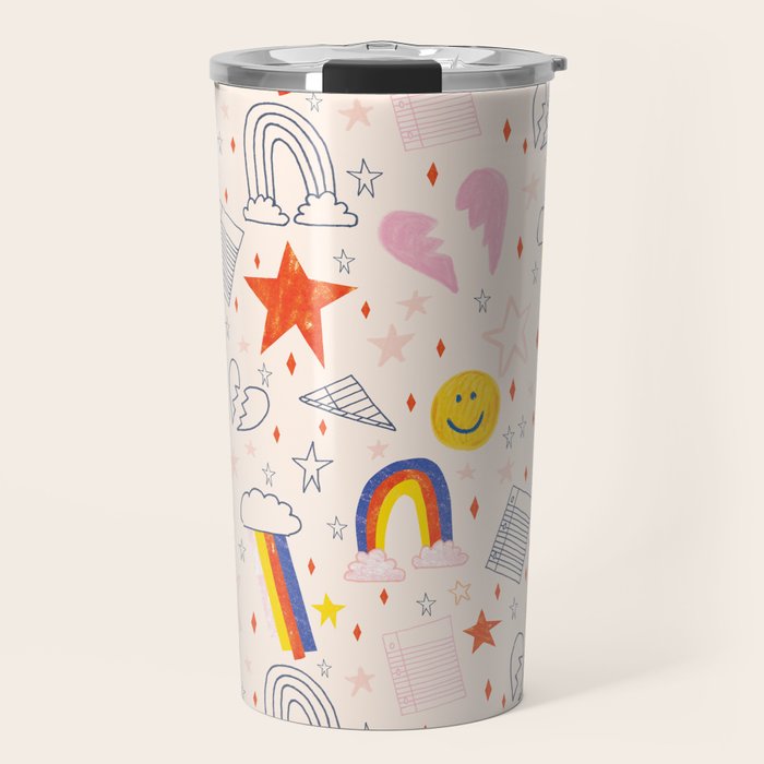 Happy Smiley Face & Retro Rainbows in Dusty Pink Travel Mug Gallery Image 1