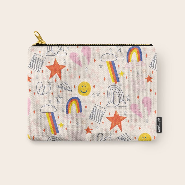 Happy Smiley Face & Retro Rainbows in Dusty Pink Carry All Pouch Gallery Image 1