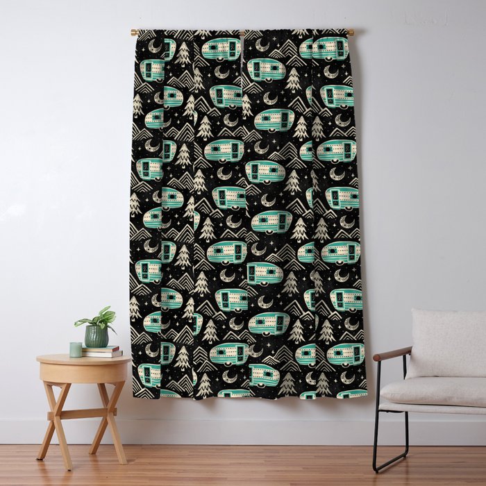 Little Camper - black, cream, and teal Window Curtain Gallery Image 1