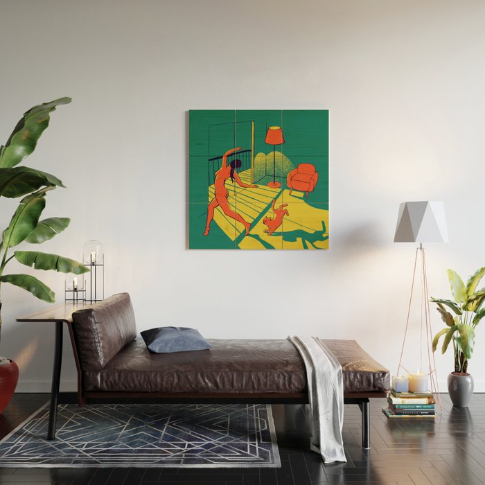 Dancing with the cat | Moody sunset light and shadows Aesthetic Green room Naked dance Femme Fatale  Wood Wall Art Gallery Image 2