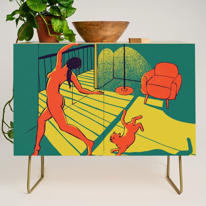 Dancing with the cat | Moody sunset light and shadows Aesthetic Green room Naked dance Femme Fatale  Credenza Gallery Image 1