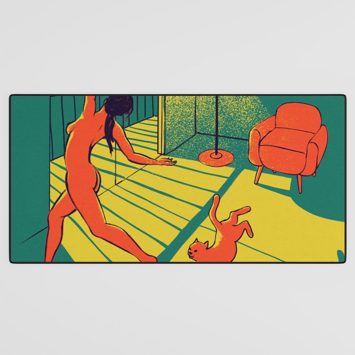 Dancing with the cat | Moody sunset light and shadows Aesthetic Green room Naked dance Femme Fatale  Desk Mat Gallery Image 3