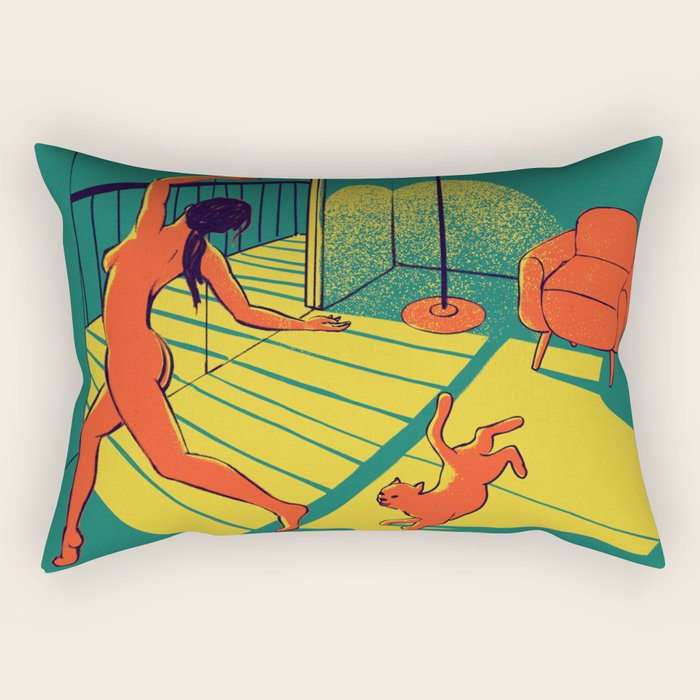Dancing with the cat | Moody sunset light and shadows Aesthetic Green room Naked dance Femme Fatale  Rectangular Pillow Gallery Image 1