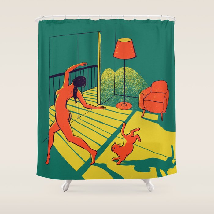 Dancing with the cat | Moody sunset light and shadows Aesthetic Green room Naked dance Femme Fatale  Shower Curtain Gallery Image 1