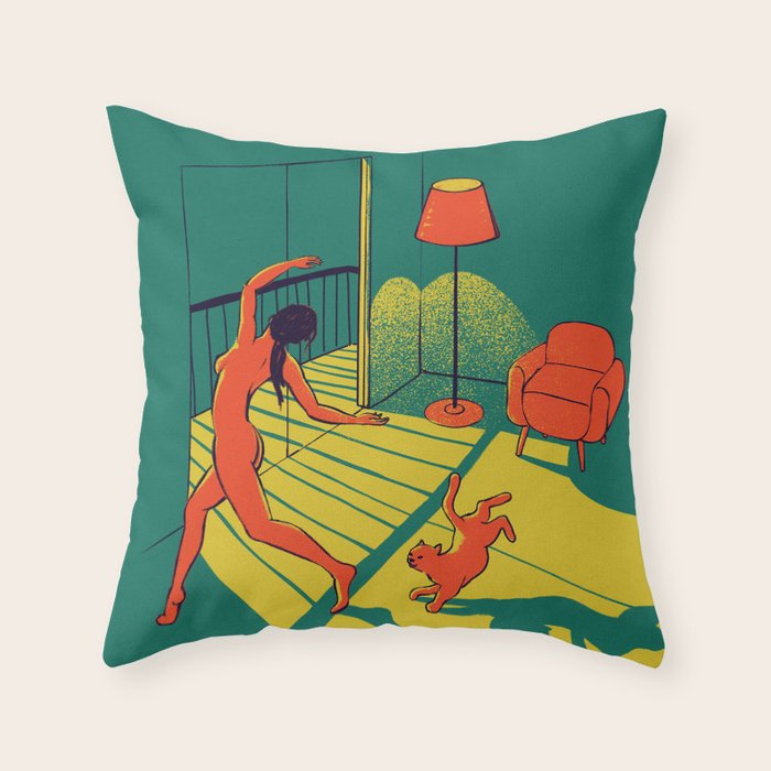 Dancing with the cat | Moody sunset light and shadows Aesthetic Green room Naked dance Femme Fatale  Throw Pillow Gallery Image 6