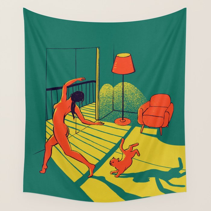 Dancing with the cat | Moody sunset light and shadows Aesthetic Green room Naked dance Femme Fatale  Wall Tapestry Gallery Image 4