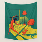 Dancing with the cat | Moody sunset light and shadows Aesthetic Green room Naked dance Femme Fatale  Wall Tapestry Gallery Image 4