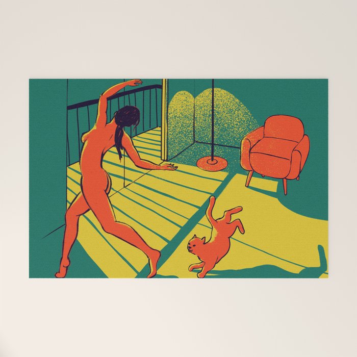 Dancing with the cat | Moody sunset light and shadows Aesthetic Green room Naked dance Femme Fatale  Welcome Mat Gallery Image 1