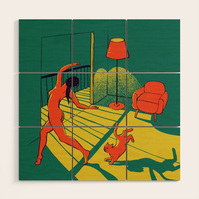 Dancing with the cat | Moody sunset light and shadows Aesthetic Green room Naked dance Femme Fatale  Wood Wall Art Gallery Image 1