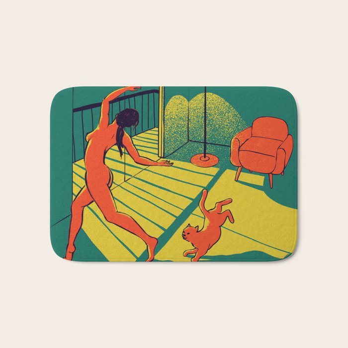 Dancing with the cat | Moody sunset light and shadows Aesthetic Green room Naked dance Femme Fatale  Bath Mat Gallery Image 1