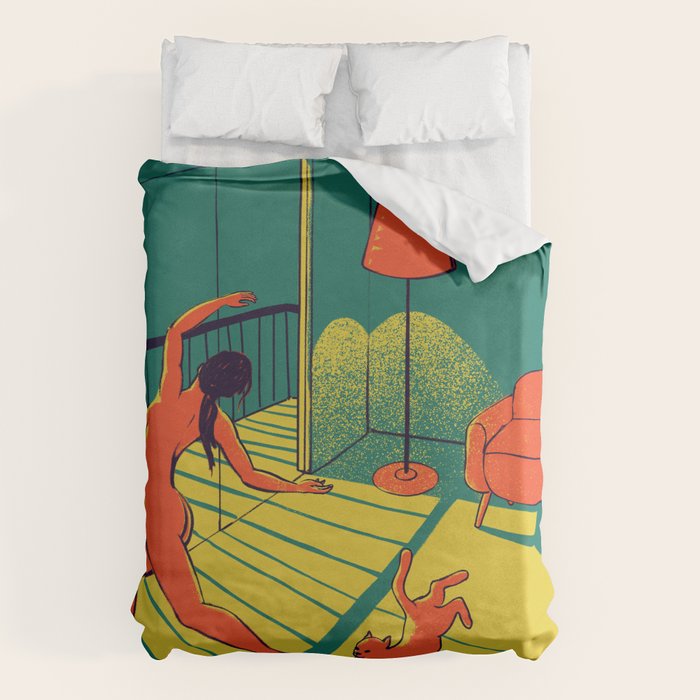 Dancing with the cat | Moody sunset light and shadows Aesthetic Green room Naked dance Femme Fatale  Duvet Cover