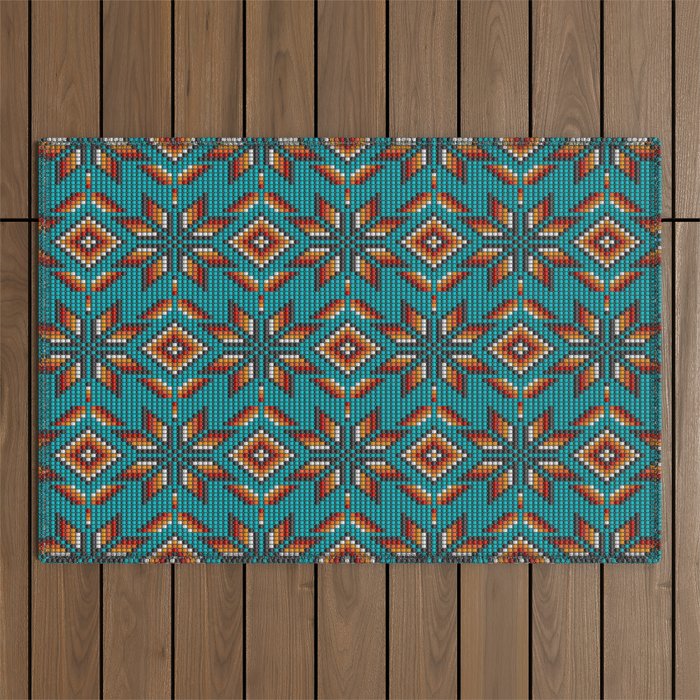 Modern colorful beaded boho aztec kilim pattern on teal Outdoor Rug Gallery Image 1