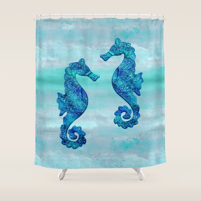 Blue Seahorse Couple Underwater Shower Curtain Gallery Image 1