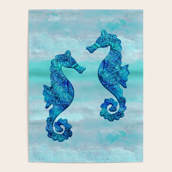 Blue Seahorse Couple Underwater Poster Gallery Image 1