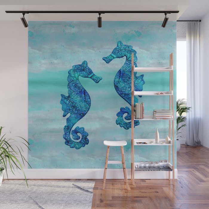 Blue Seahorse Couple Underwater Wall Mural Gallery Image 1