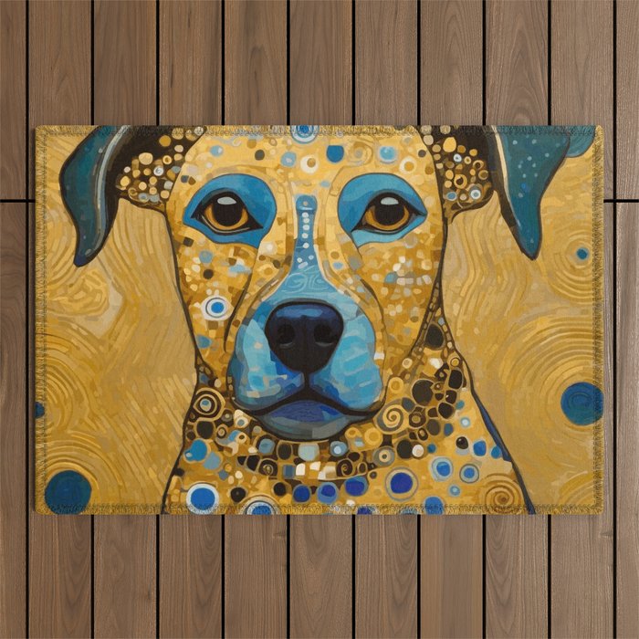 Blue and Gold Klimt Dog Outdoor Rug Gallery Image 1