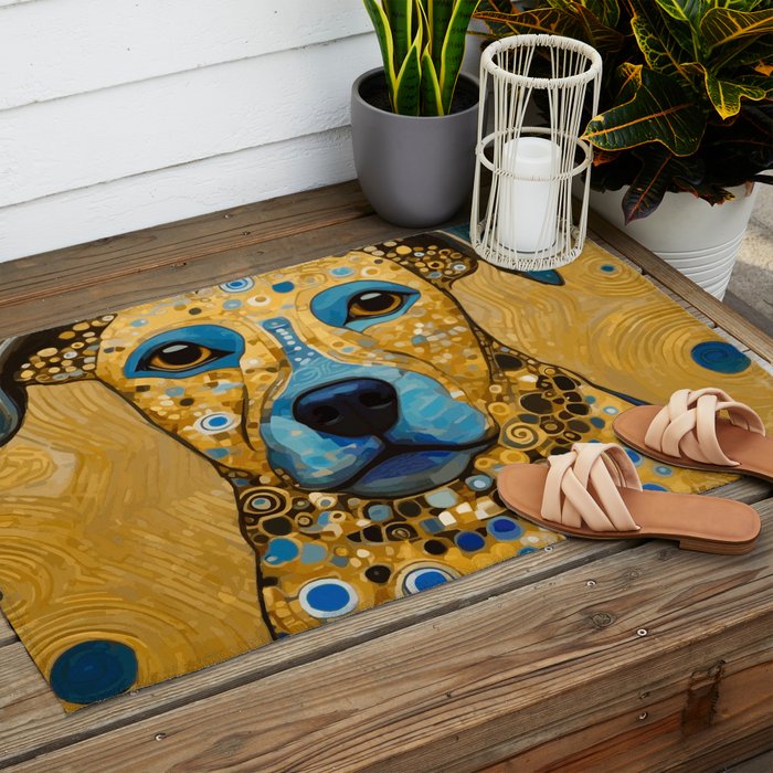 Blue and Gold Klimt Dog Outdoor Rug Gallery Image 2