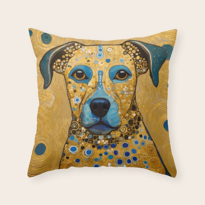 Blue and Gold Klimt Dog Throw Pillow Gallery Image 1