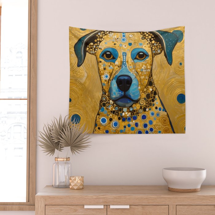 Blue and Gold Klimt Dog Wall Tapestry Gallery Image 2