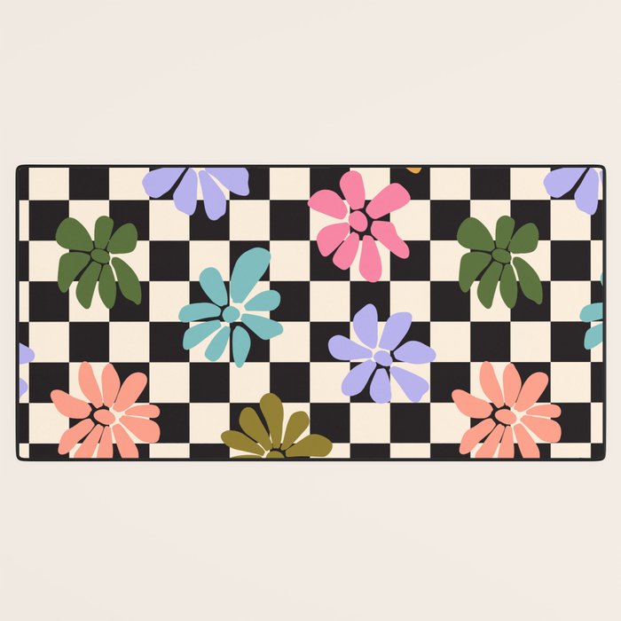 Black and White Checkered - Retro Rainbow Daisies  Desk Mat Gallery Image 3