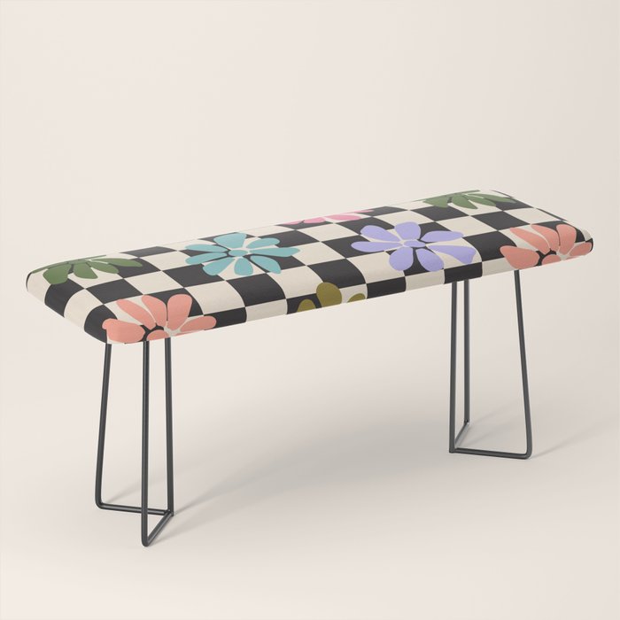 Black and White Checkered - Retro Rainbow Daisies  Bench Gallery Image 1