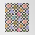 Black and White Checkered - Retro Rainbow Daisies  Throw Blanket Gallery Image 2