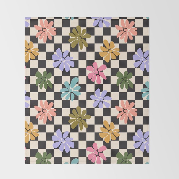 Black and White Checkered - Retro Rainbow Daisies  Throw Blanket Gallery Image 2