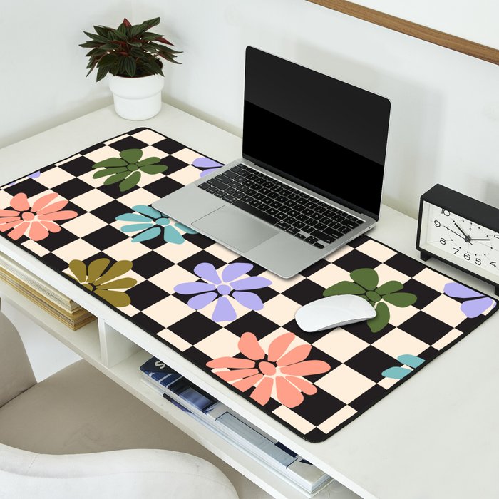 Black and White Checkered - Retro Rainbow Daisies  Desk Mat Gallery Image 2