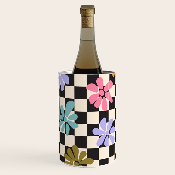 Black and White Checkered - Retro Rainbow Daisies  Wine Chiller Gallery Image 1