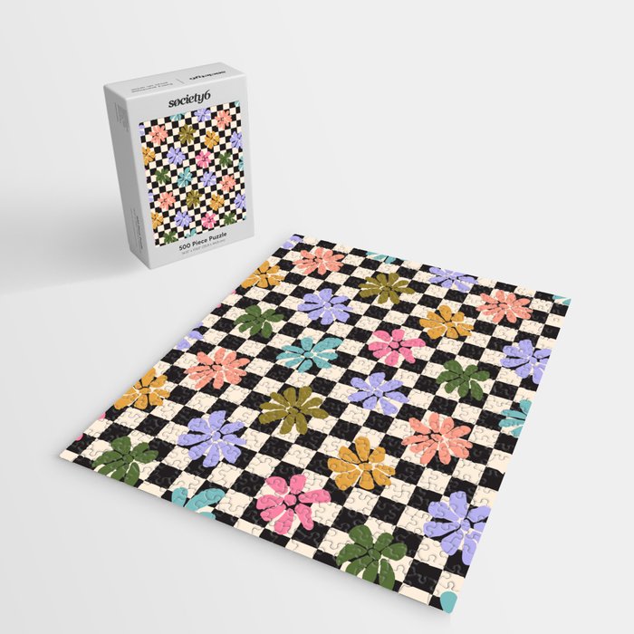 Black and White Checkered - Retro Rainbow Daisies  Jigsaw Puzzle Gallery Image 2