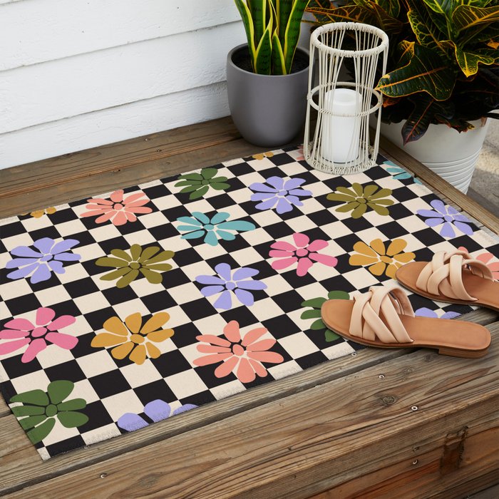 Black and White Checkered - Retro Rainbow Daisies  Outdoor Rug Gallery Image 2