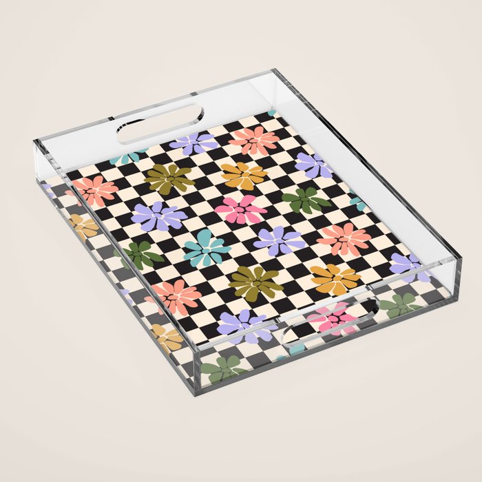 Black and White Checkered - Retro Rainbow Daisies  Acrylic Tray Gallery Image 1