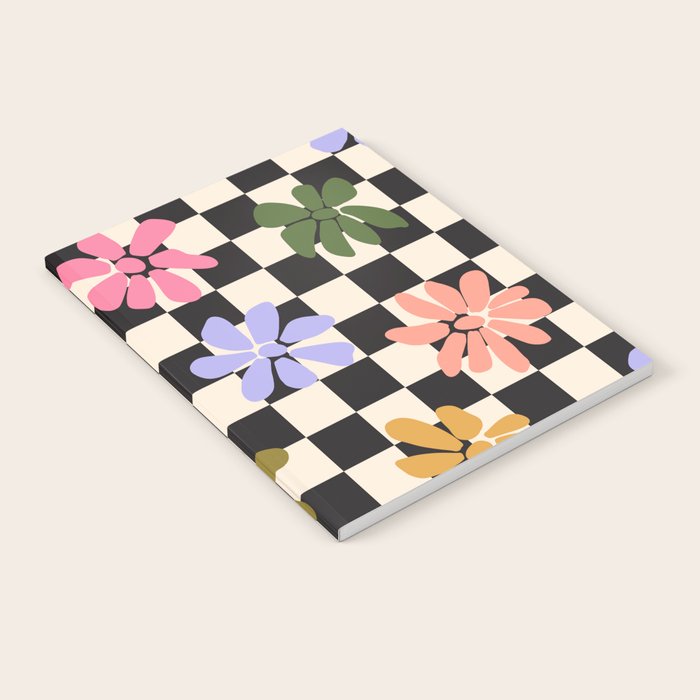 Black and White Checkered - Retro Rainbow Daisies  Notebook Gallery Image 2